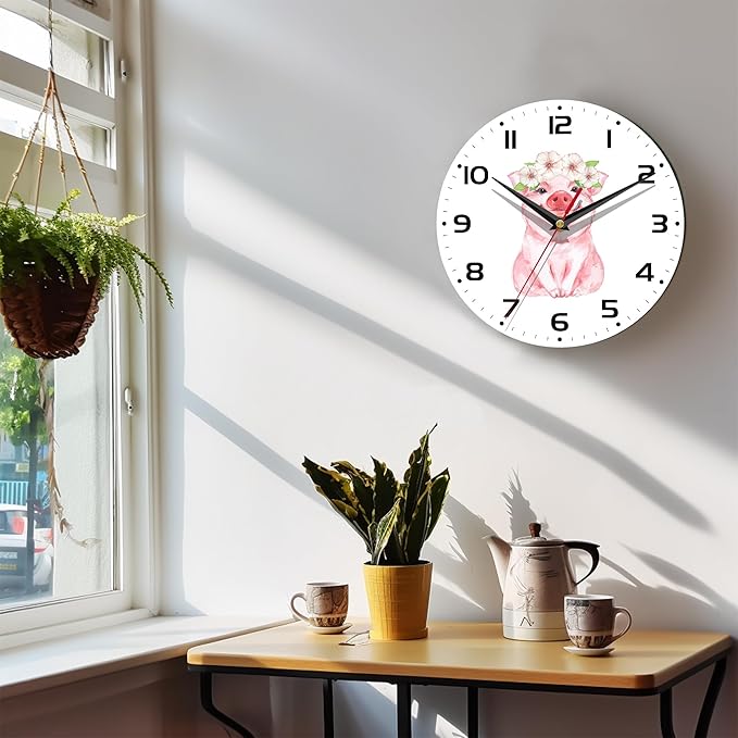 Wall Clock, 10 Inch Silent Non-Ticking Home Kitchen Decor, Battery Operated for Bathroom Bedroom Living Room Office(Cute Pig Flower)