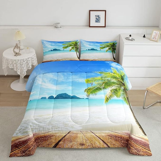 Beach Comforter Set King Size Ocean Bedding Set Tropical Palm Tree Hawaii Ocean Duvet Set Sunny Beach Coastal Nature Theme Duvet Set Sea Wave Mountain Brown Wooden Comforter Set 2 Pillowcases, Blue