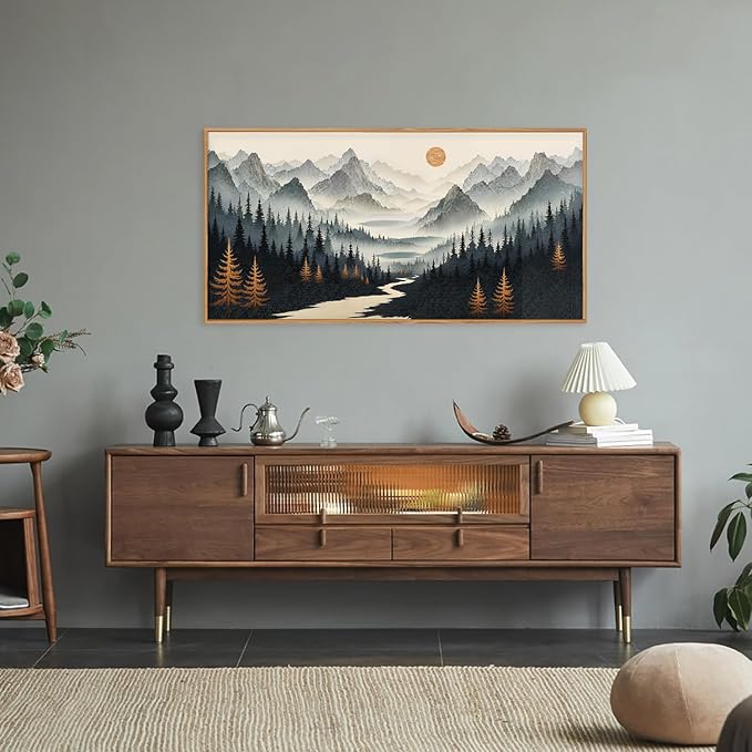Watercolor Misty Forest Framed Canvas Wall Art Set, Foggy Mountain Wall Decor, Misty Pine Tree Wall Painting, Large Nature Landscape Art Prints for Living Room, Bedroom, Office - 20"X40"