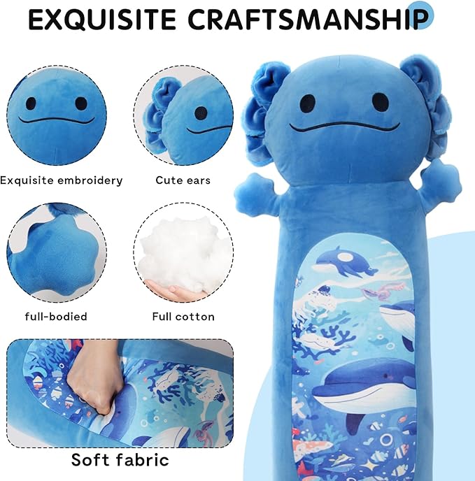 22” Long Axolotl Plush Body Pillow, Cute Blue Ocean Axolotl Stuffed Animals, Salamander Squishy Soft Plushies Toy, Gifts for Kids Girls and Boys, Birthdays Easter ﻿