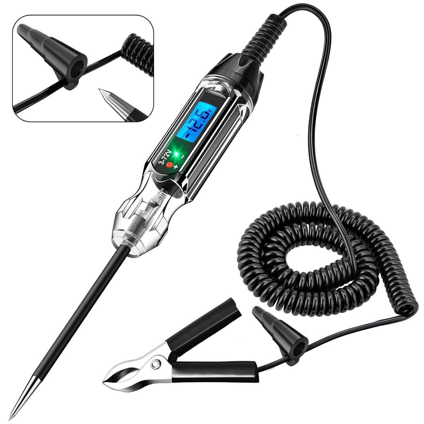 Heavy Duty 3-72V Backlit Digital LCD Circuit Tester, Automotive Test Light with 140 Inch Extended Wire and 2 Polarity Indicate LED Lights, Car Truck Low DC Voltage & Light Tester with Stainless Probe