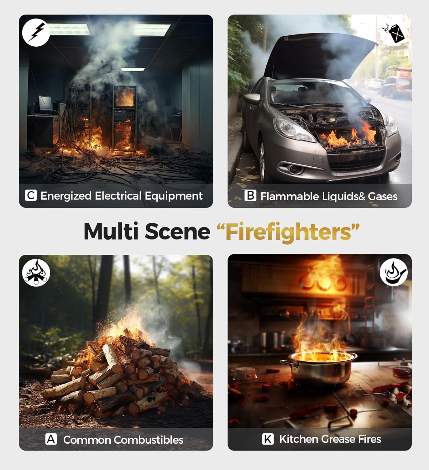 3-Pack Fire Extinguisher for Home, Kitchen, Car, Camping & Electronics - ABC/K Class with Mounts - Portable, Long-Lasting.