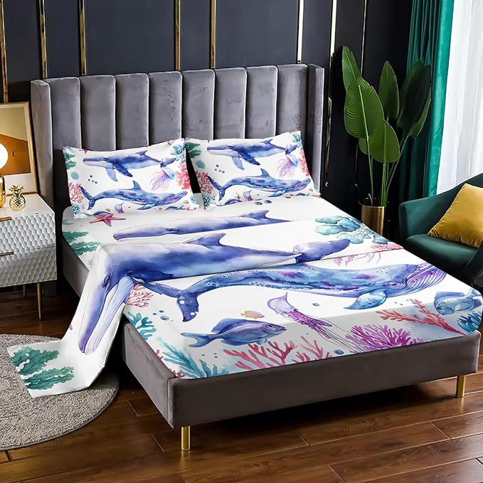 Whale & Jellyfish Shark Dolphin Bedding Set - 4pcs Full Fish Starfish Bedspread for Kid Teen with 1 Flat & 1 Fitted Sheet + 2 Pillowcases