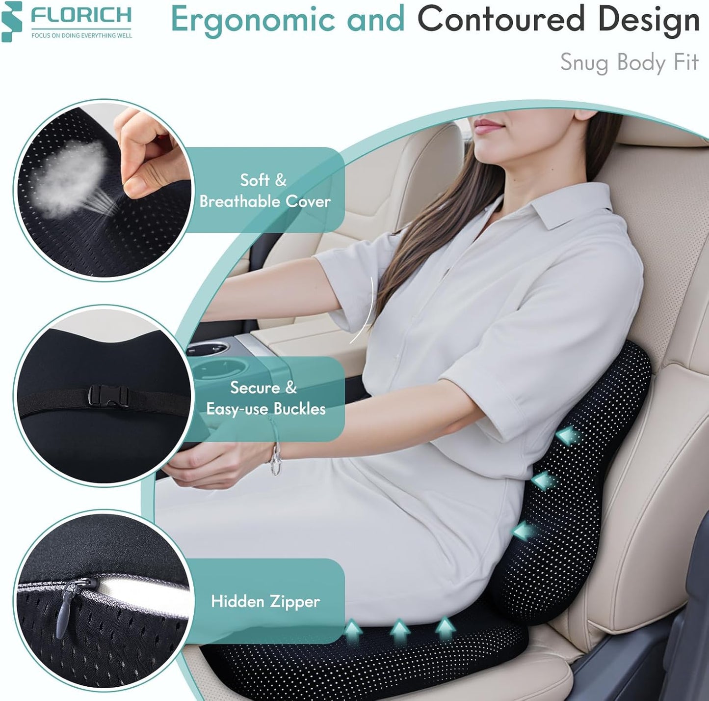 FLORICH Car Seat Cushion and Lumbar Support Pillow for Office Chair Car, Ergonomic Memory Foam, Relieves Back Sciatica Pain, Pressure-Relieving Back Support for Car, Office Chair & Wheelchair – Black