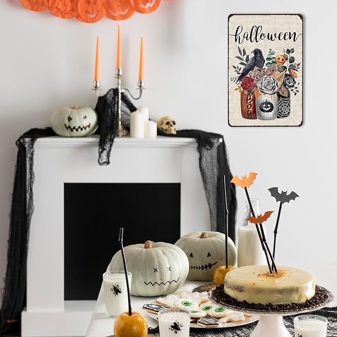 Vintage Decor Gift Halloween Flower Crow Pumpkin Mason Jar Tin Sign for Home Bedroom Living Room Wall Decor 8 X 12 Inch (3133)