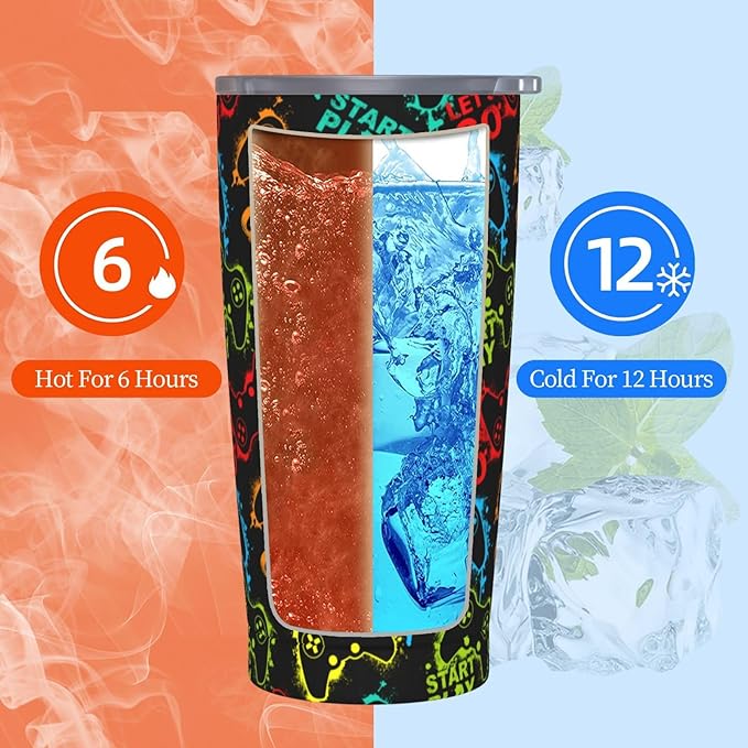 Yobvec Gaming Tumbler Cup with Lid and Straw, 20 Oz Stainless Steel Insulated Gamer Mug Gaming Accessories
