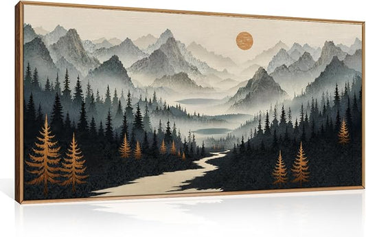 Watercolor Misty Forest Framed Canvas Wall Art Set, Foggy Mountain Wall Decor, Misty Pine Tree Wall Painting, Large Nature Landscape Art Prints for Living Room, Bedroom, Office - 20"X40"
