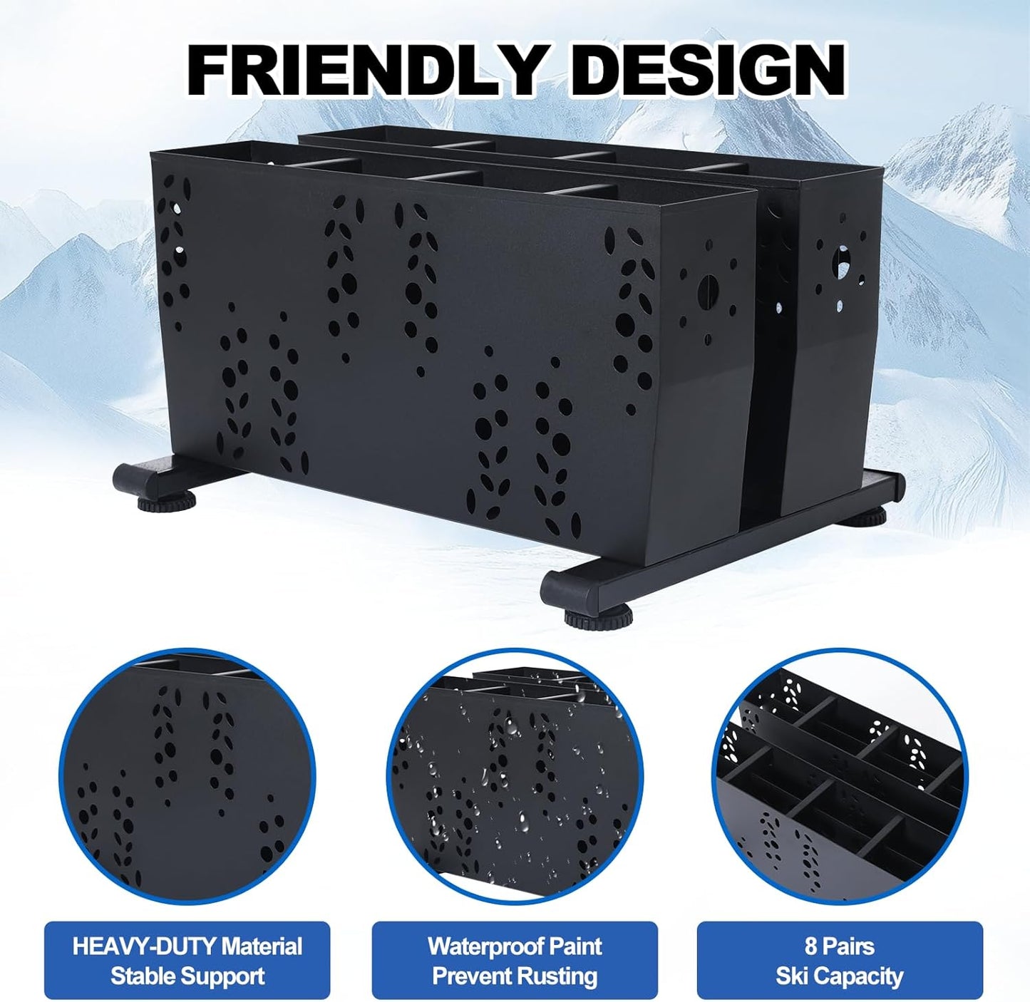 Freestanding Ski Storage Rack for 8 Pairs, Floor Stand Ski Organizer Rack, Heavy Duty Alloy Steel Ski Holders Ski Organizer, Freestanding Ski Organizer for Garage Basement