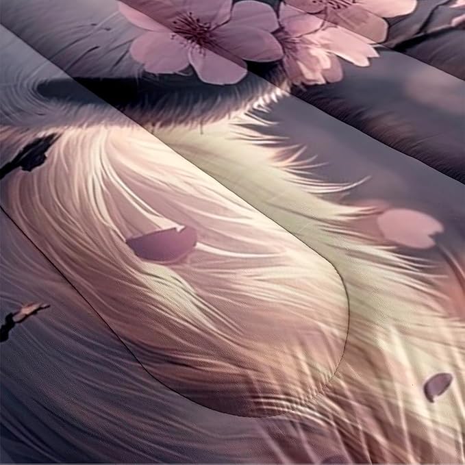 White Wolf Bedding Queen Size Grey Pink Cherry Blossom Comforter Set Wildlife Wolves Comforter Safari Animal Bedding for Kids Girls Boys Teens, Soft Lightweight Comforter Sets 3Pcs