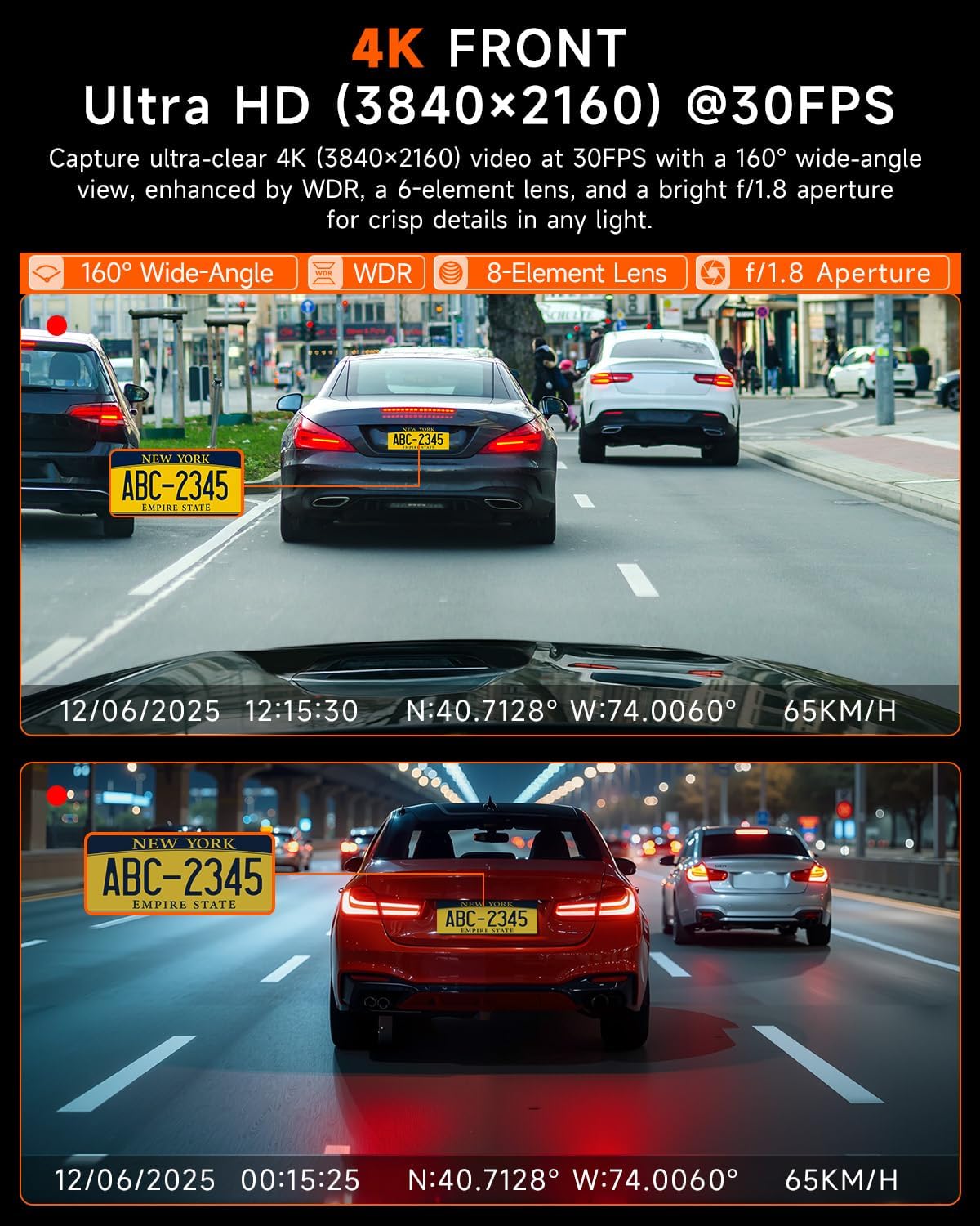 4K Dash Cam Front and Inside, 360 Camera for Car 2-Channel Dashcam 160°+185° Ultra Wide Angle, 4K/2.5K WDR, IR Night Vision, WiFi & APP Control, GPS, G-Sensor, 64GB Card, GT820 Black