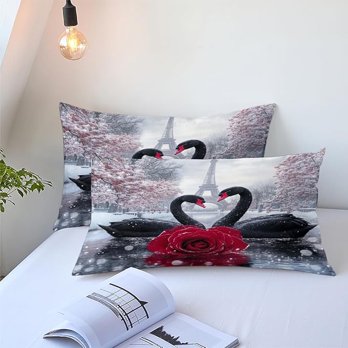 Swan Comforter Set Queen Couple Red Rose Bedding Set for Women Men Aesthetic Romantic Bedding Soft Down Alternative Comforter Sets for All Season Great Valentine's Day Bedroom Decor