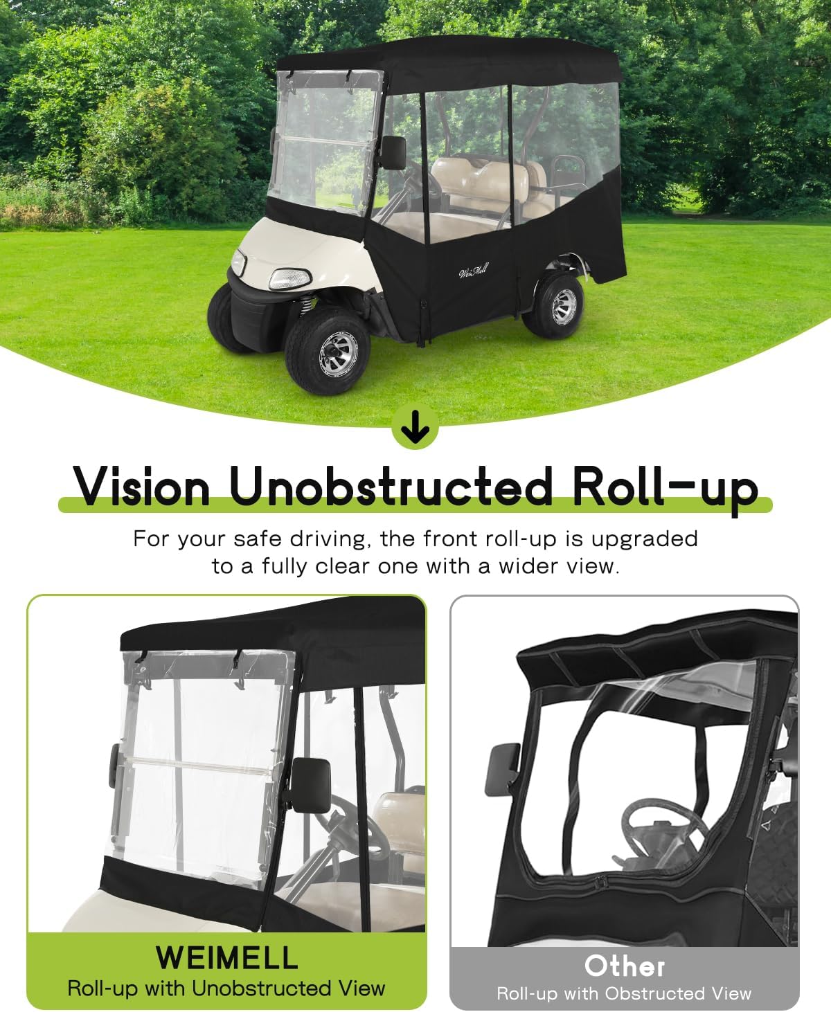 Golf Cart Enclosure 4 Passenger for EZGO RXV 2+2 Enclosure Waterproof Windproof Driving Rain Cover Fit 4-Seater Long Roof with 4-Sided Clear Windows Mirror Openings Roll-up Zipper Door Black
