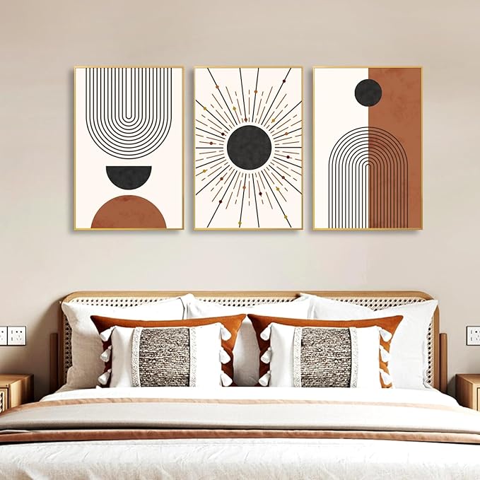 Ausril Minimalist Boho Framed Canvas Wall Art Set, Neutral Geometric Line Sun Wall Decor, Mid Century Wall Painting, Abstract Modern Bohemian Art Print for Living Room, Bedroom, Office -16"x24"x3