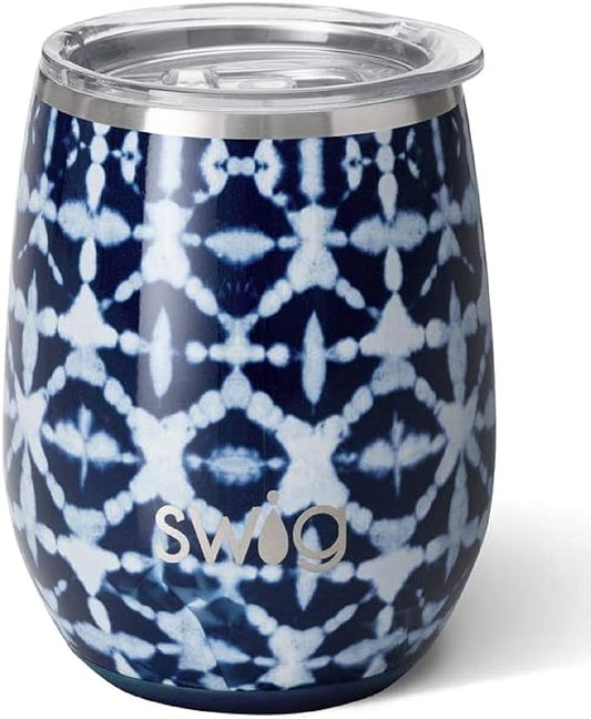 Swig 14oz Insulated Wine Tumbler with Lid, Dishwasher Safe, Stainless Steel Wine Cups (Indigo Isles)