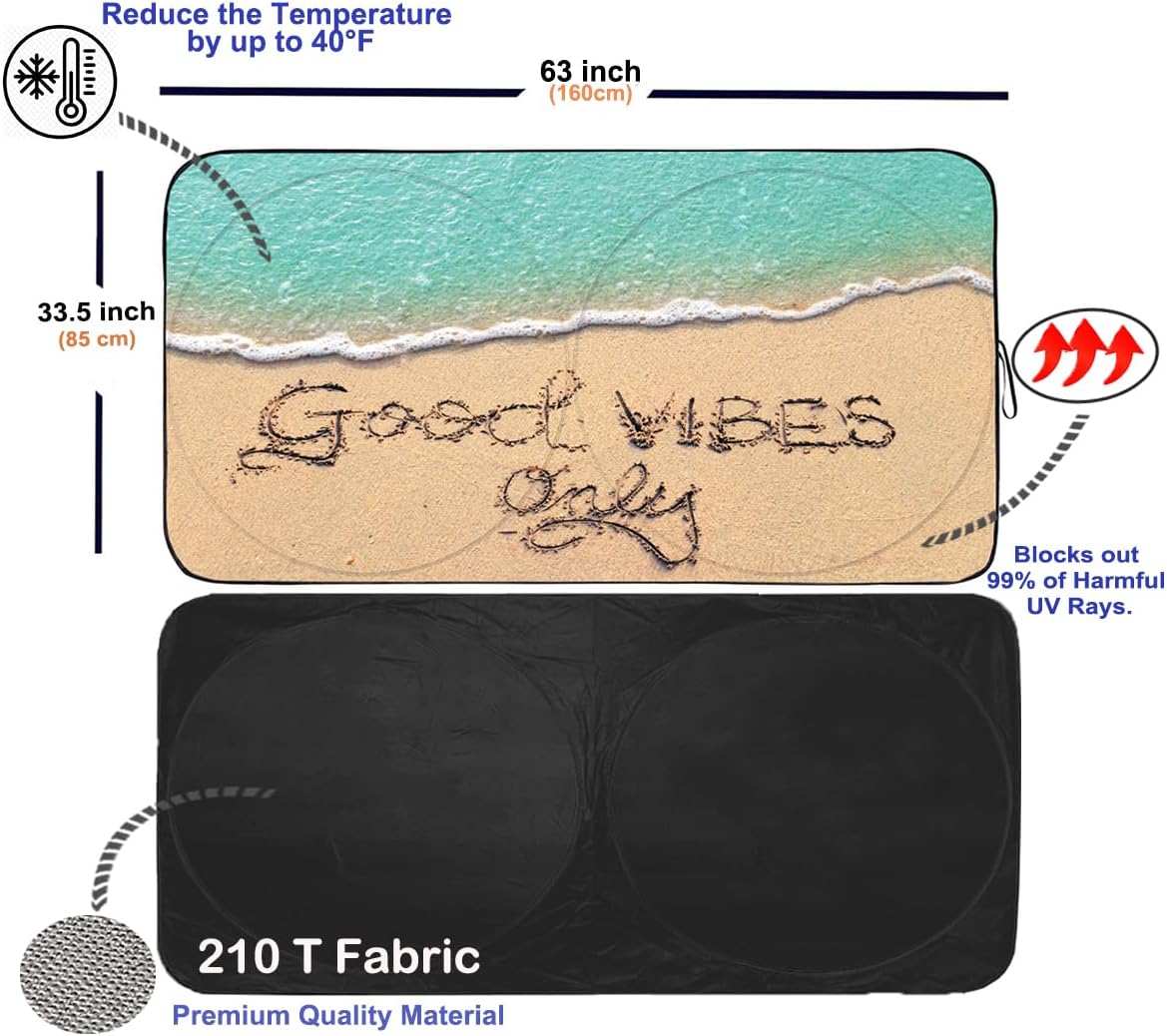 Gven Windshield Sun Shade, Car Front Window Shades Cute Sunshade Windshield Cover Sun Visor Shield Block Automotive Interior Protector Blocks UV Rays for Car Pickup Truck SUV (Good Vibes, L)