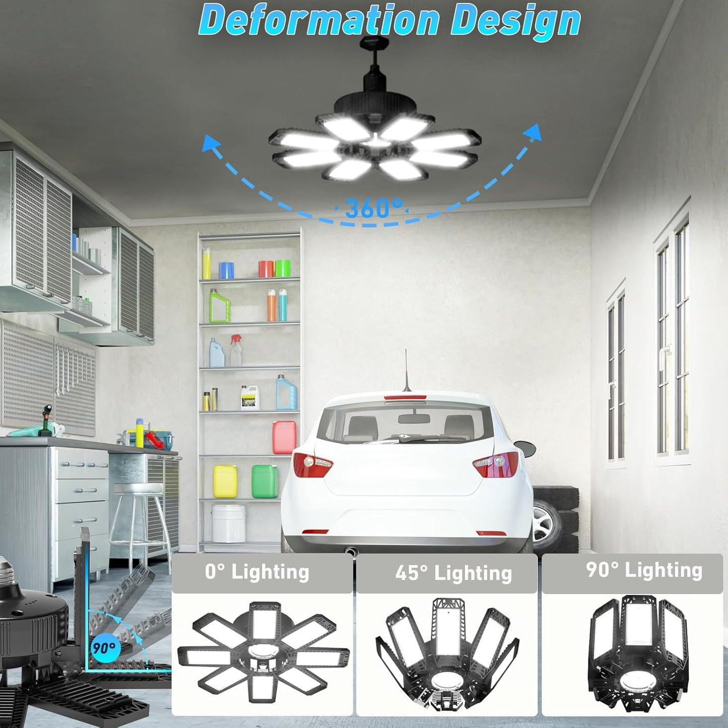 Garage Light - 240W 24000LM 6500K Garage Lights Ceiling LED with 8+1 Deformable Panels, E26/E27 Screw Socket in LED Shop Light for Workshop, Basement, Gym, Barn, Warehouse etc Bay Lighting