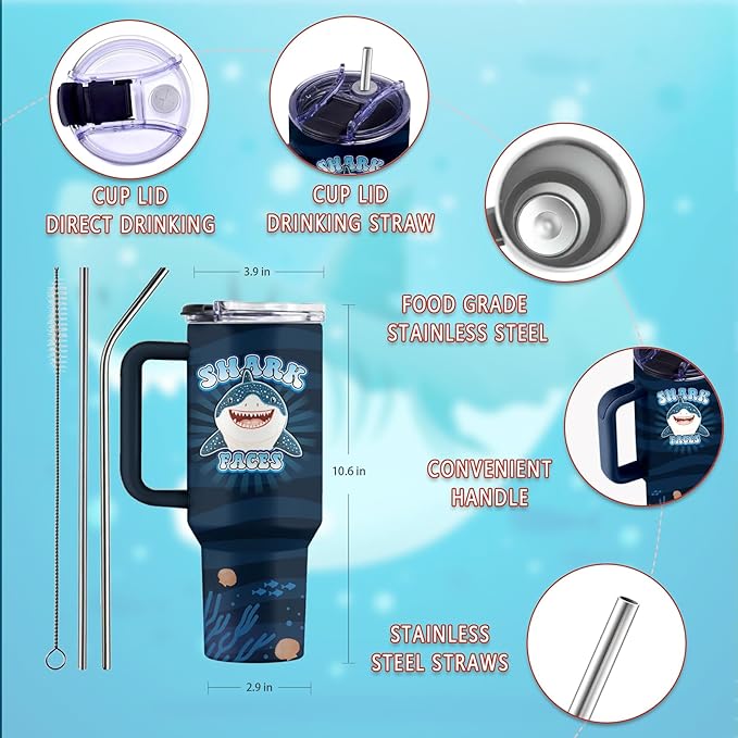 Whale Shark Gifts, Sharks Faces Tumbler with Handle & Straw & Lid, 40 Oz Stainless Steel Shark Cup, Presents for Animal Lovers, Friend Brother Sharks Birthday Gift, Gifts for Fathers Day