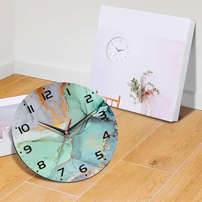 Watercolor Abstract Painting Marble Wall Clock Vintage Wooden Wall Clock Silent Non-Ticking Battery Operated Arabic Numerals Wall Clocks Decorative for Kitchen, Office, Classroom 10 Inch