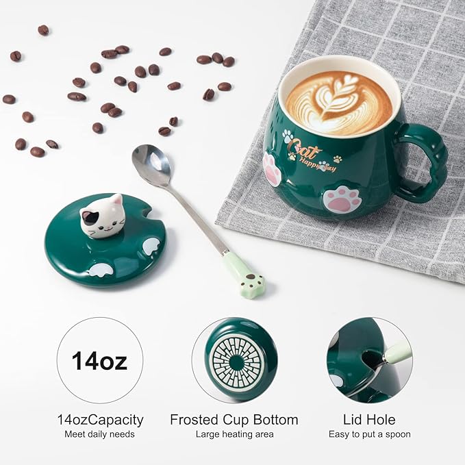 Bgbg Cat Mug Cute Ceramic Coffee Cup with Lovely Kitty Lid, Kawaii Cat Claw Spoon, Anime Cat Coaster, Novelty Cat Things Birthday Christmas Mug Gift for Cat Lovers 400ML
