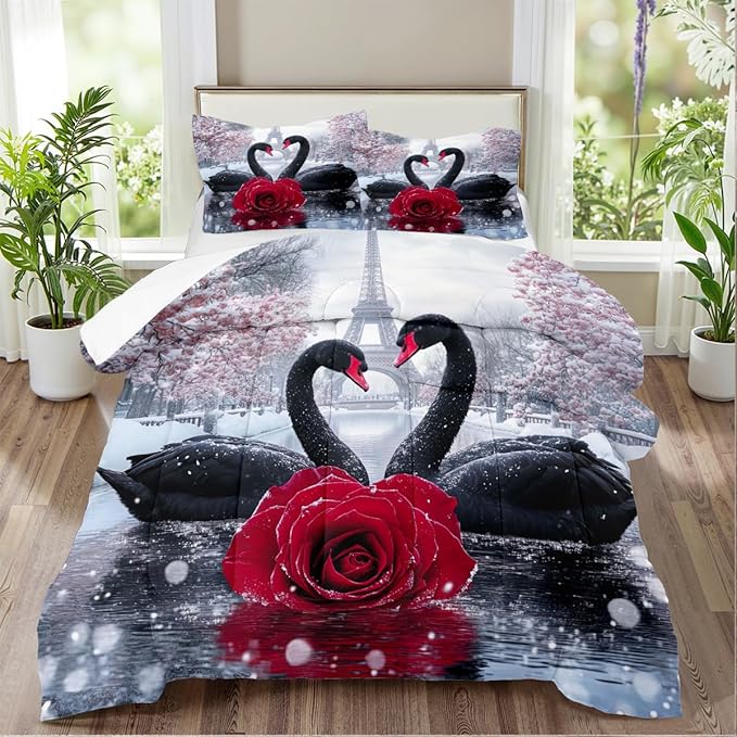 Swan Comforter Set Queen Couple Red Rose Bedding Set for Women Men Aesthetic Romantic Bedding Soft Down Alternative Comforter Sets for All Season Great Valentine's Day Bedroom Decor