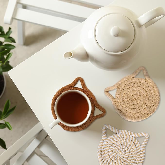 Whaline Cat Ear Coasters Set Brown White Handmade Braided Cotton Coasters Non-Slip Absorbent Drink Coasters with Holder for Table Protection Housewarming Gift Home Decor, 4Pcs