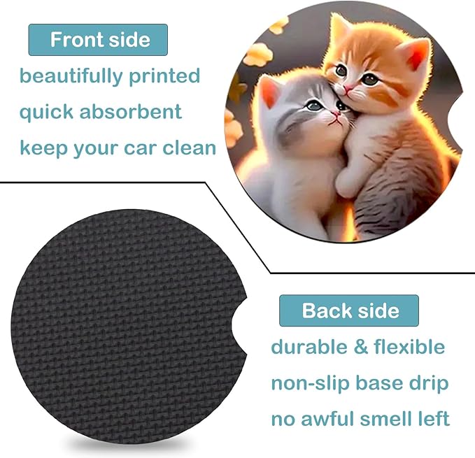 Car Coasters for Cup Holders,2 Pack Two Cat Car Coasters,2.75" Universal Size Anti Slip Rubber Mat,Automotive Cup Holder Decal Decor Accessories,Gifts for Cat Lovers for Women,Men,Mom
