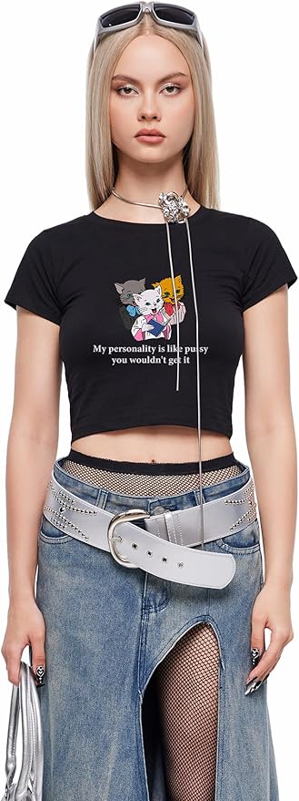 Y2K Graphic Tees for Women - Personality Like Cat Funny Short Sleeve Crew Neck Crop Tops Going Out Top T-Shirt