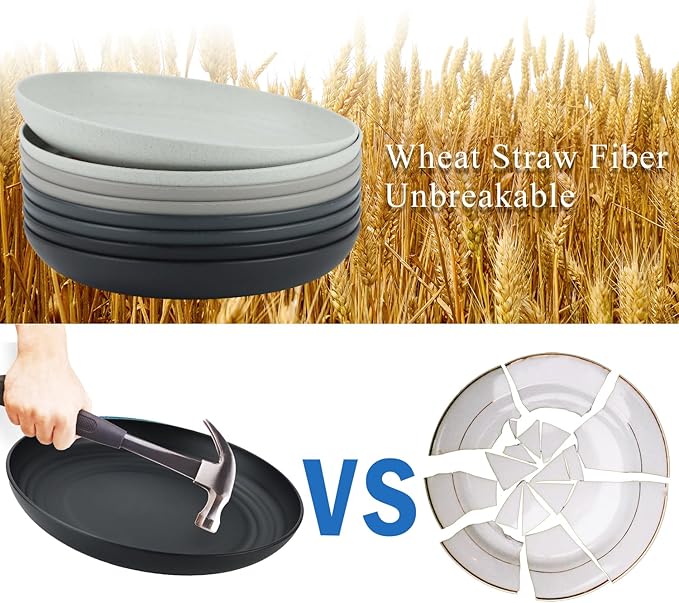 Wheat Straw Plates 10 Inch Dinner Plates Set of 8, Lightweight and Unbreakable Plastic Plates Reusable, Microwave & Dishwasher Safe Kids Plates (Black, Grey)
