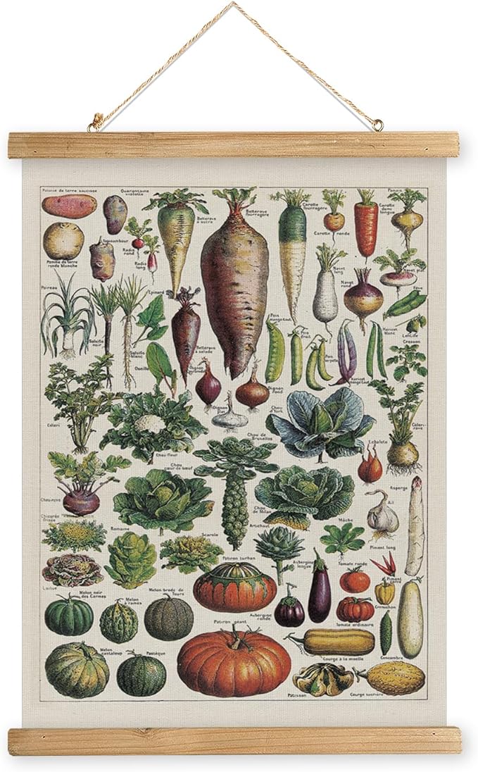 XIAOAIKA Vintage Vegetable Varieties Poster - Illustrated Garden Produce Chart with Wooden Frame - Educational Kitchen Wall Decor Art for Home Chefs and Gardeners 20 x 30 inches