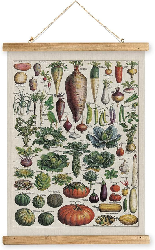 XIAOAIKA Vintage Vegetable Varieties Poster - Illustrated Garden Produce Chart with Wooden Frame - Educational Kitchen Wall Decor Art for Home Chefs and Gardeners 20 x 30 inches