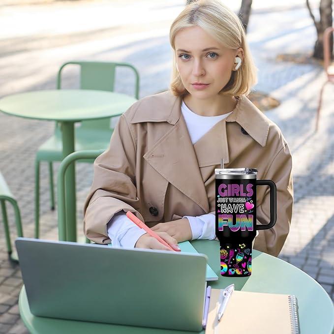 WWHSAl Girls Just Wanna Have Fun Neon Girl Tumbler 40oz with Handle, Funny Girls Night Bachelorette Party Slumber Party Pajama Partys Coffee Cup Trendy Gift for Teen Girl Birthday