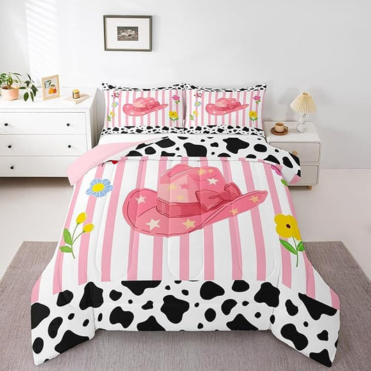 Western Cowgirl Comforter Set Full Size,Pink Cowboy Hat Bedding Sets for Kids Girls Boys Teens Room Decor,Black White Cow Fur Print Quilt Set Cartoon Sweet Striped Duvet Insert,2 Pillowcases