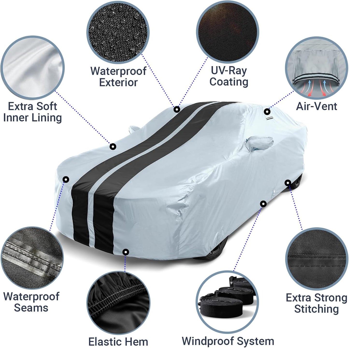 iCarCover Custom Car Cover for Pontiac 6000 Wagon (1984-1991) Waterproof All-Weather Rain Snow UV Sun Protector Full Exterior Indoor Outdoor Car Cover (Stripe - Gray/Black)