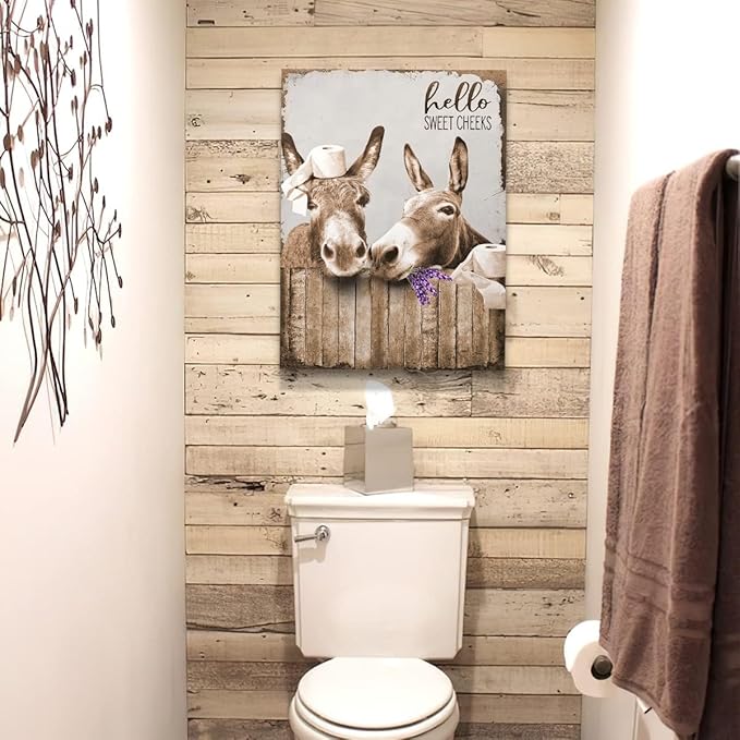Canvas Wall Art Donkey Pictures for Bathroom Decor - Funny Farmhouse Painting Toilet Prints - Rustic Animals Artwork Framed 12"x16"