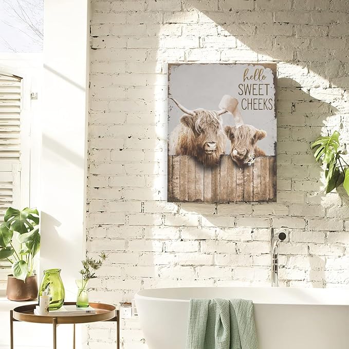 Bathroom Decor Canvas Wall Art Highland Cow Pictures Wall Decor Farmhouse Bathroom Cow Painting for Bathroom Toilet Country Cattle Prints Artwork Framed 12"x16"