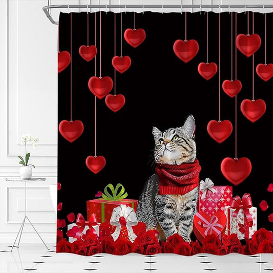 Valentine's Day Shower Curtain Mr Mrs Red Black Romance Heart Cat Love for Couple Funny Creative Bathroom Curtains Decor Fabric Set Include Hooks,(47" Wx70 H)