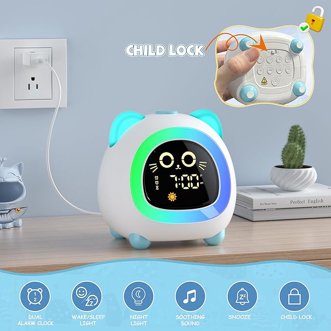 winshine Kids Alarm Clock Cat, OK to Wake Clock with Night Light for Kids, Stay in Bed Clock Sleep Training, Nap Timer, Cute Kids Room Decor, Gift Ideas for Kids Toddler Boy Girl (Blue)