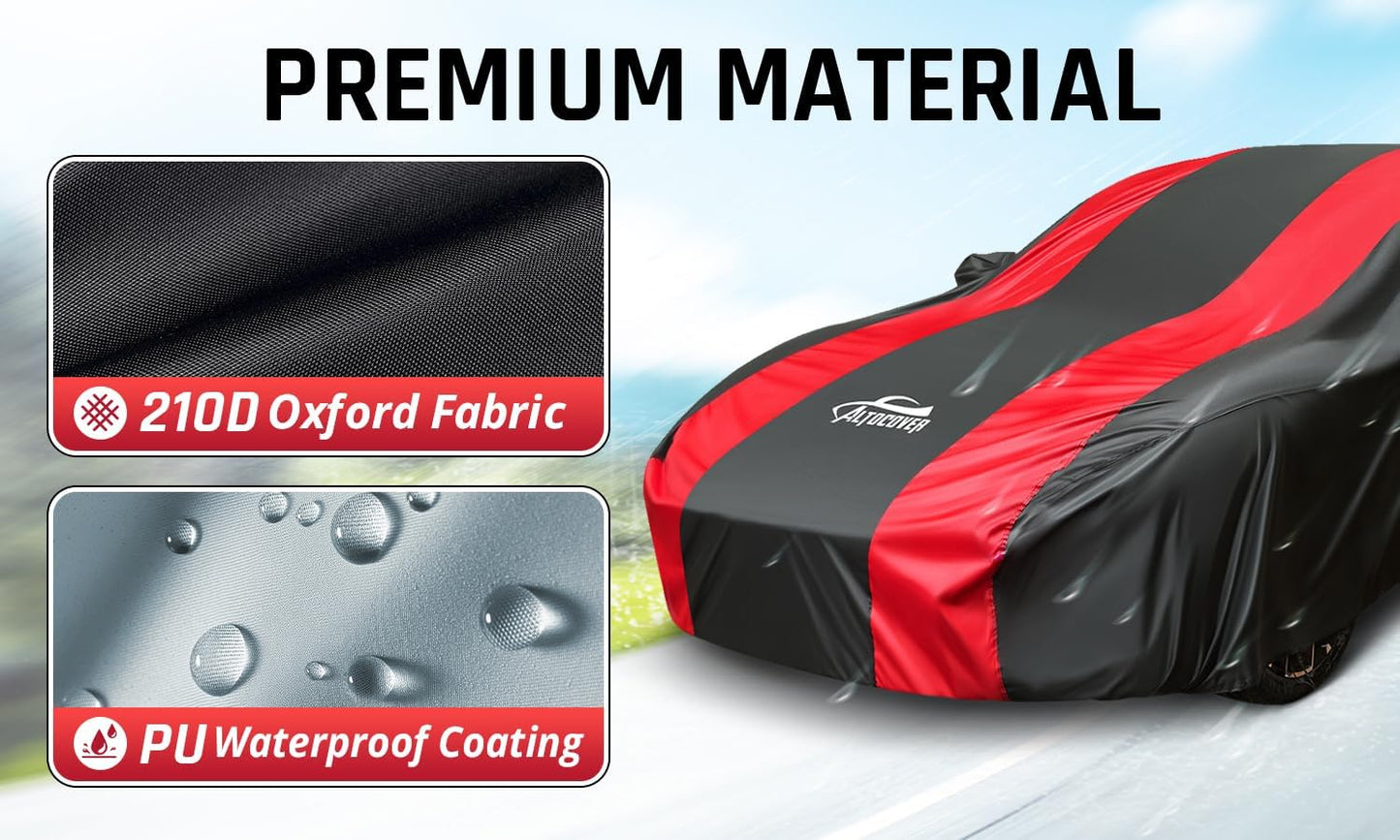 Car Cover Waterproof All Weather Protection with Red Stripe Design, Universal Fit Ford Mustang, Chevrolet Camaro, Toyota Camry, Honda Accord Civic, Nissan Altima,Tesla Model 3