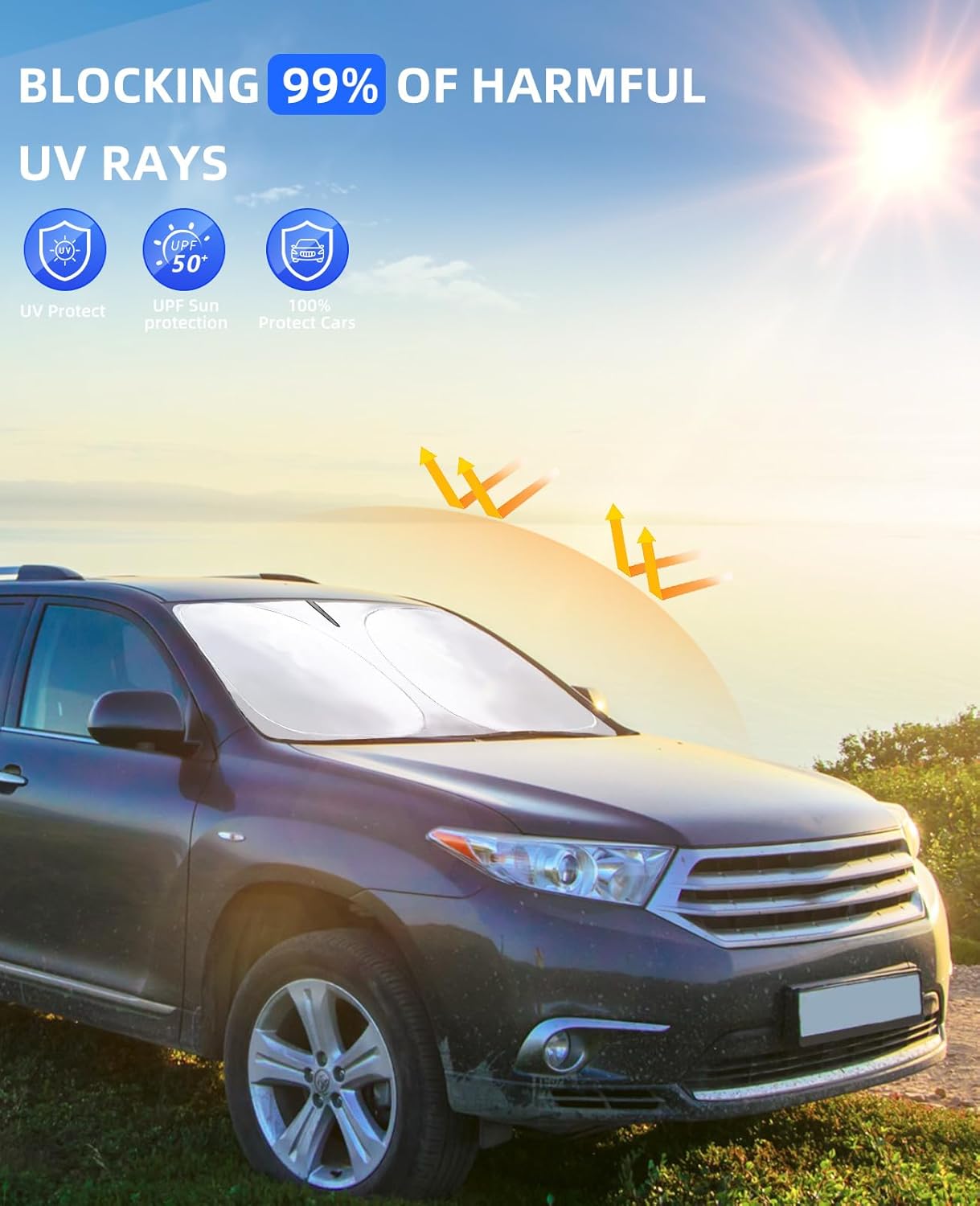 for 2025 Upgrade Highlander Windshield Sun Shade Front Sunshade Custom fit for 2007-2024 Toyota Grand Highlander Hybrid SUV Windshield Cover for 2022 Mirai Venza Toyota RAV4 Window Sun Visor Protector