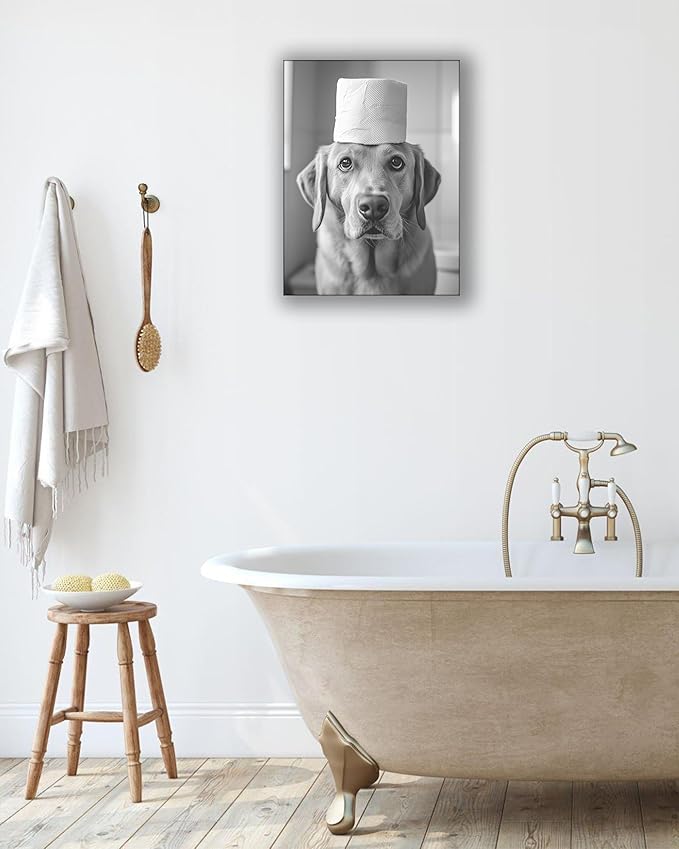 UPWOIGH Bathroom Wall Art Decor, Black and White Labrador Retriever Dog Toilet Paper Wall Art, Wood Framed Canvas Wall Art Animals Abstract Prints, 12"x16" High-end Pictures for Dormitory Kids Room