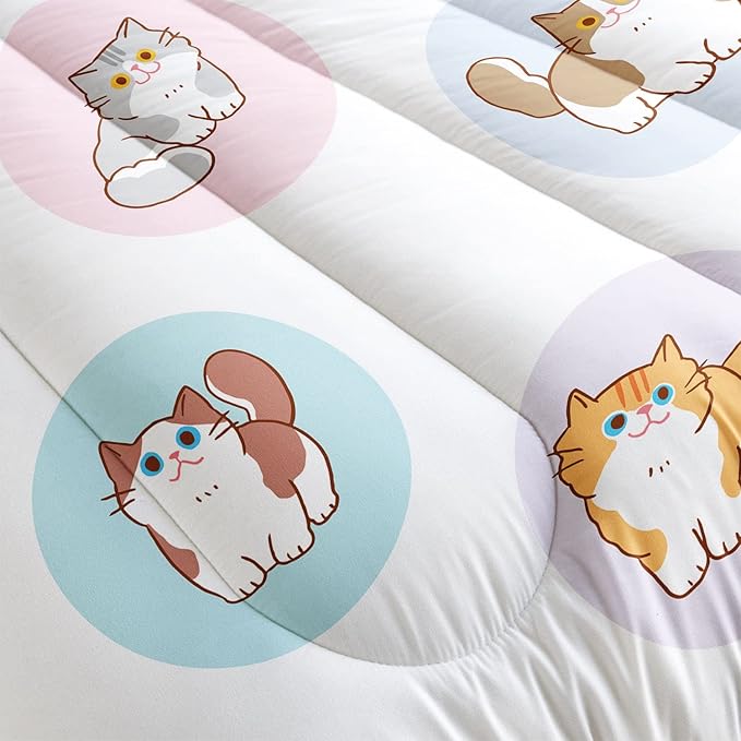 White Kawaii Cat Comforter Bedding Set for Girls Kitten White Print Cute Animal Pattern Bedding Set with 1 Comforter and 2 Pillowcases for Girls Bedroom All Season(Cat White Full)