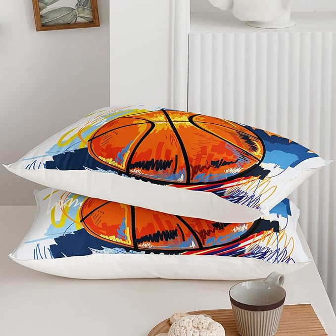 BSNTHO Basketball Comforter Set Boys Sports Bedding Set Twin Size for Kids Teens Hand Drawn Graffiti Style Comforter Design 3 Piece with 1 Comforter 2 Pillowcases