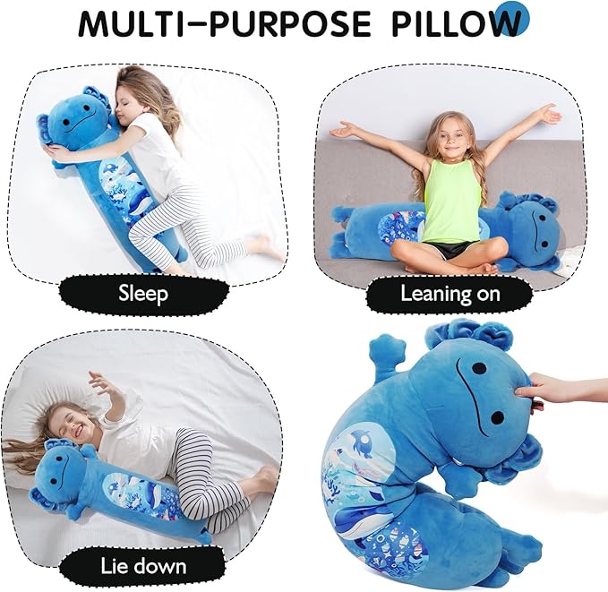 22” Long Axolotl Plush Body Pillow, Cute Blue Ocean Axolotl Stuffed Animals, Salamander Squishy Soft Plushies Toy, Gifts for Kids Girls and Boys, Birthdays Easter ﻿