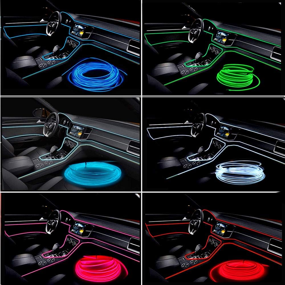 El Wire Pink Interior Car LED Strip Lights, 10M Neon Wire USB 5V with Fuse Protection for Automotive Interior Decoration, with 6mm Sewing Edge