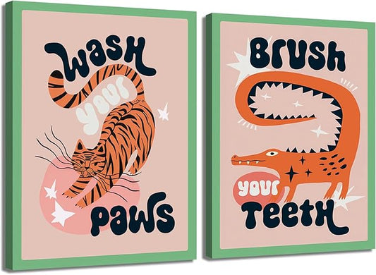 YFvrPt Funny Bathroom Animal Wall Art, Tiger Wash Your Paws Bathroom Wall Decor, Cute Eclectic Restroom Poster Canvas Prints Funky Maximalist Toilet Sign for Kids Room Nursery Framed 16x24 inch