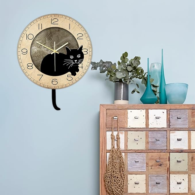 Black Cat Clock with Moving Tail Vintage, Funny Cat Wall Clock with Swinging Tail Silent Non Ticking Battery Operated Creative DIY Pendulum Wall Clock Black Kitty Decor Gift for Cat Lovers