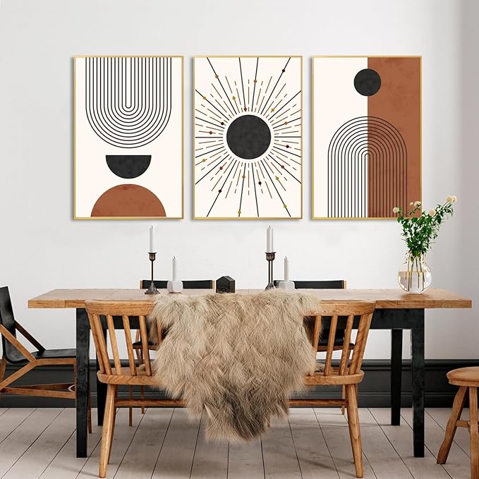 Ausril Minimalist Boho Framed Canvas Wall Art Set, Neutral Geometric Line Sun Wall Decor, Mid Century Wall Painting, Abstract Modern Bohemian Art Print for Living Room, Bedroom, Office -16"x24"x3