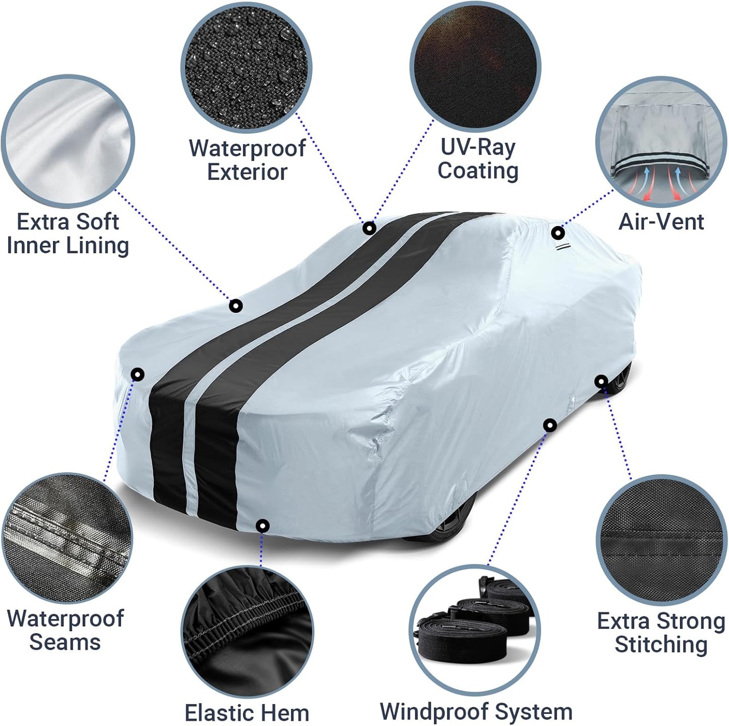 iCarCover Premium Plus Car Cover for 1978-1987 Chevy El Camino Waterproof All Weather Rain Snow UV Sun Hail Protector for Automobiles, Full Exterior Indoor Outdoor Car Cover (Stripe - Gray/Black)
