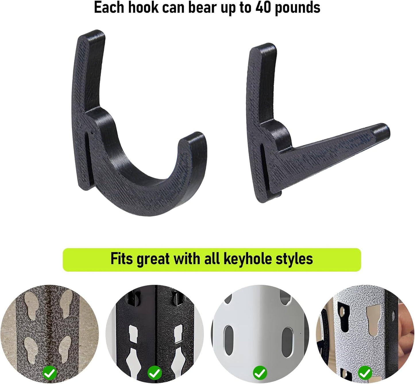 HUIKANGSHENG 16 Pcs L-Hooks & J-Hooks for Garage Shelving & Industrial Storage Racks, UV-Resistant, Supports Up to 40 lbs,Compatible with Keyhole Slots