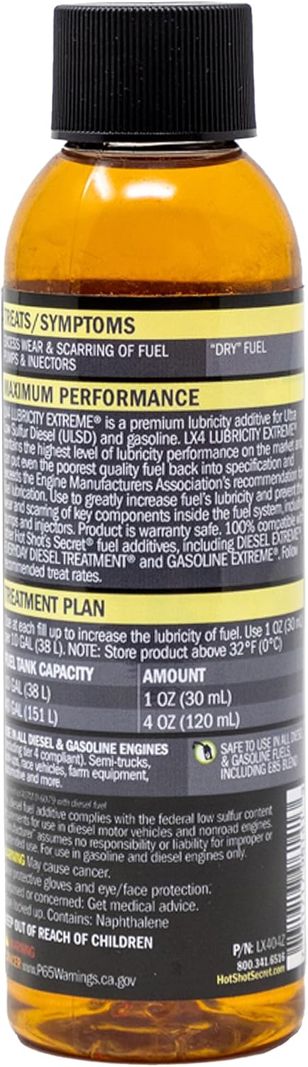 Hot Shot's Secret LX4 Lubricity Extreme – Fuel System Protection – Lubricates and Protects Fuel Pump and Injectors – Prevents Wear and Damage – For Gasoline or Diesel Engines – 4 Oz